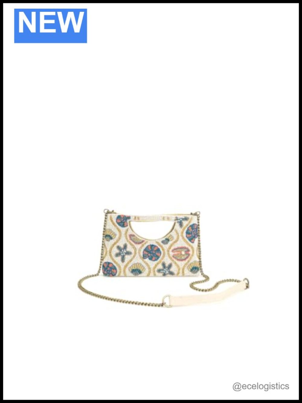 Hand-Beaded Clutch with Chain Strap, Seashell Motif